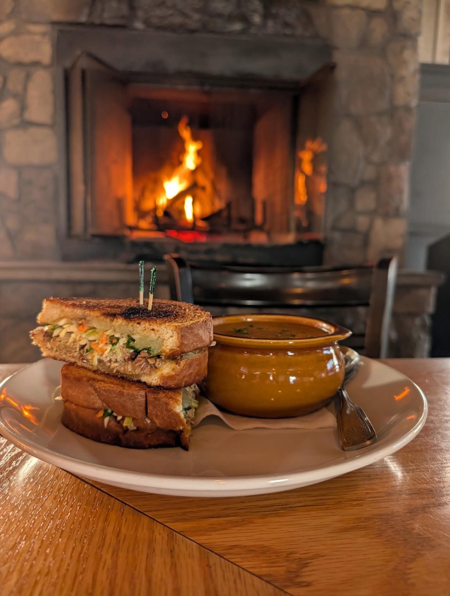Grilled cheese sandwich and soup by the fireplace at Cold Spring Depot